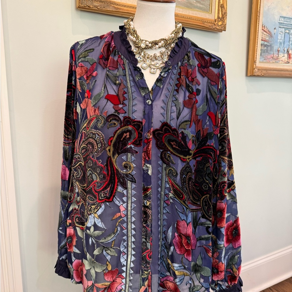Johnny Was Floral Sheer  burnout velvet Leda blouse L